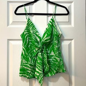 Mango Spaghetti Strap Knot Tropical Green Leaf Print V-Neck Tank Top Blouse